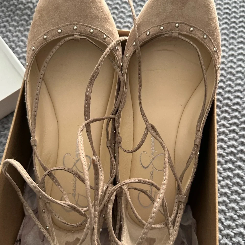 Jessica Simpson Taupe Lace-Up Suede Studded Flats - Picture 10 of 12